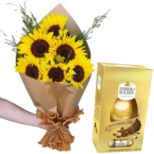 Ramo de flores girasoles con huevo de pascua rocher box